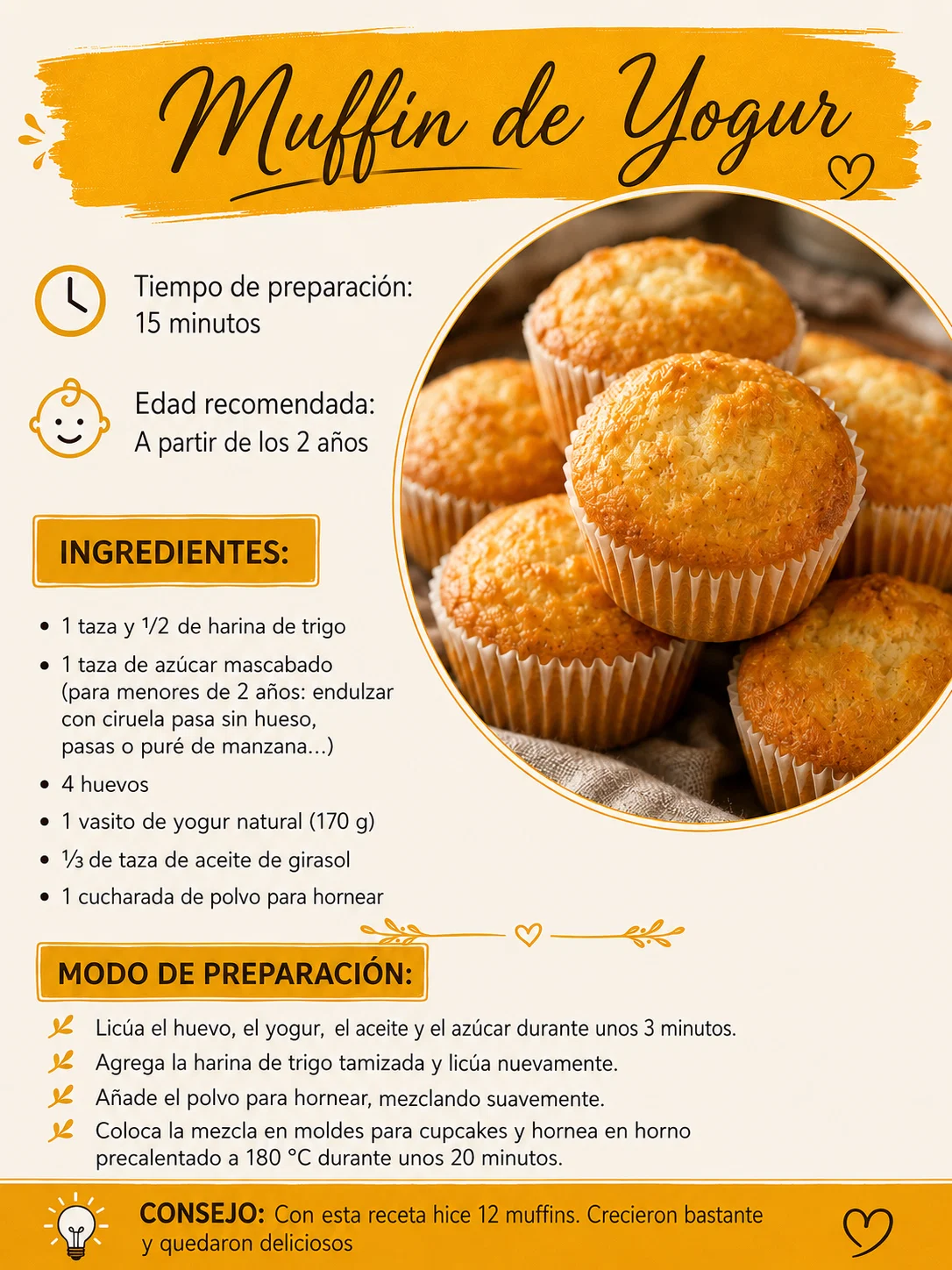 Receta Muffin de Yogur: ingredientes, preparación y consejo