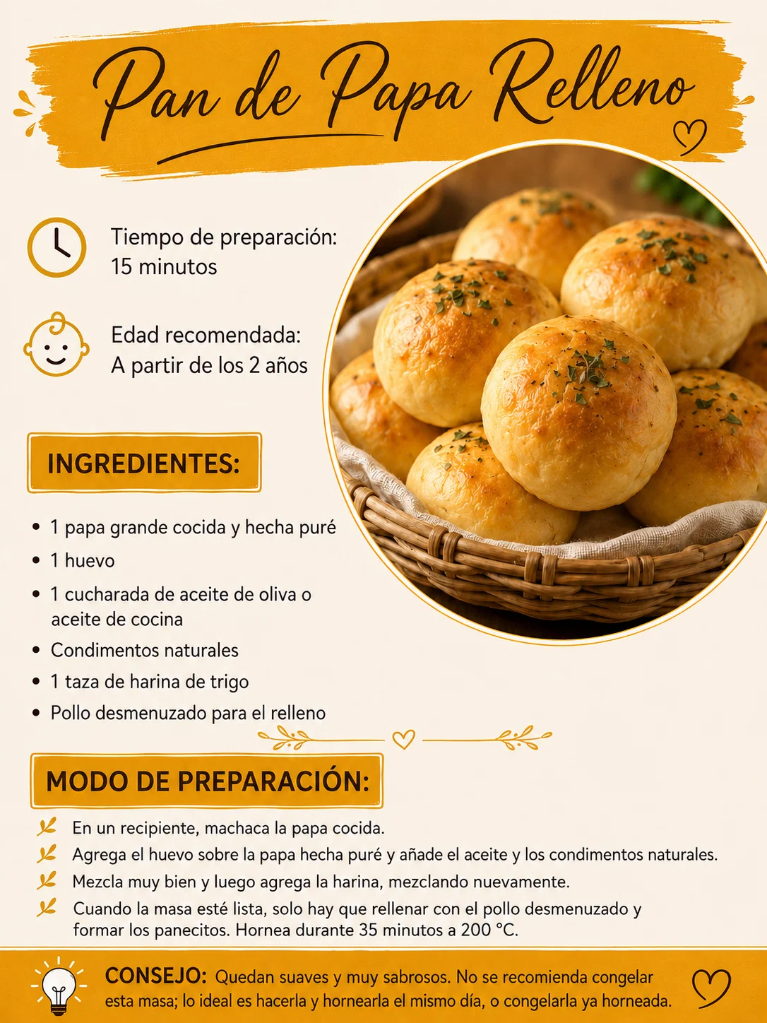 Receta Pan de Papa Relleno: ingredientes, preparación y consejo