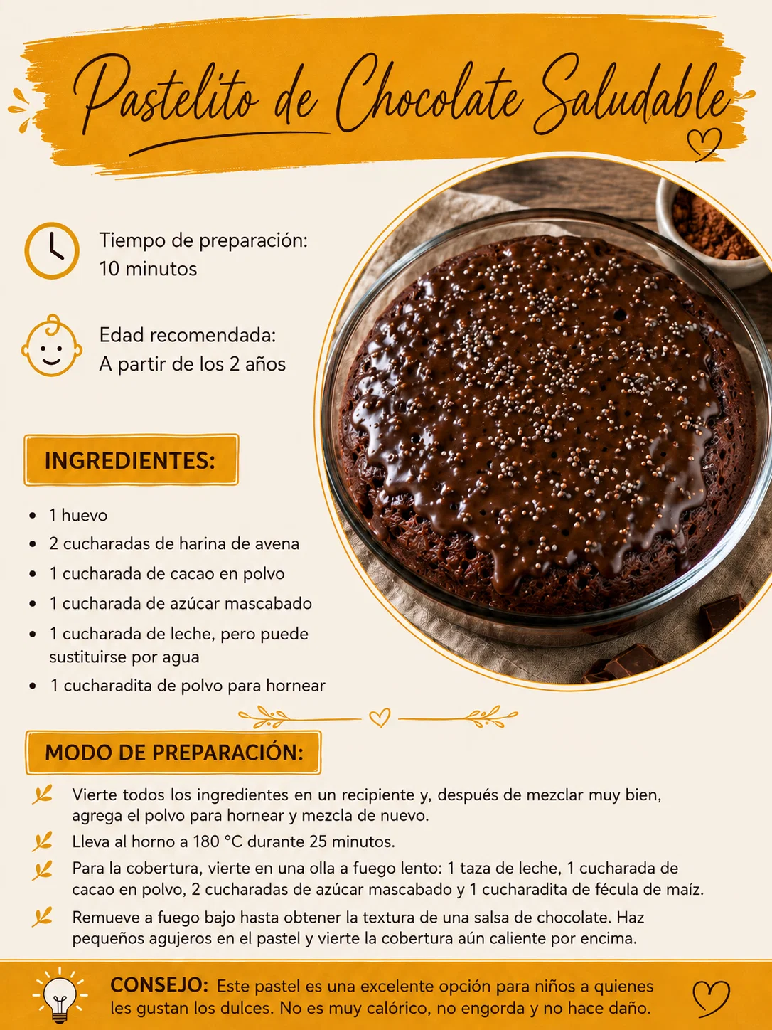 Receta Pastelito de Chocolate Saludable: ingredientes, preparación y consejo